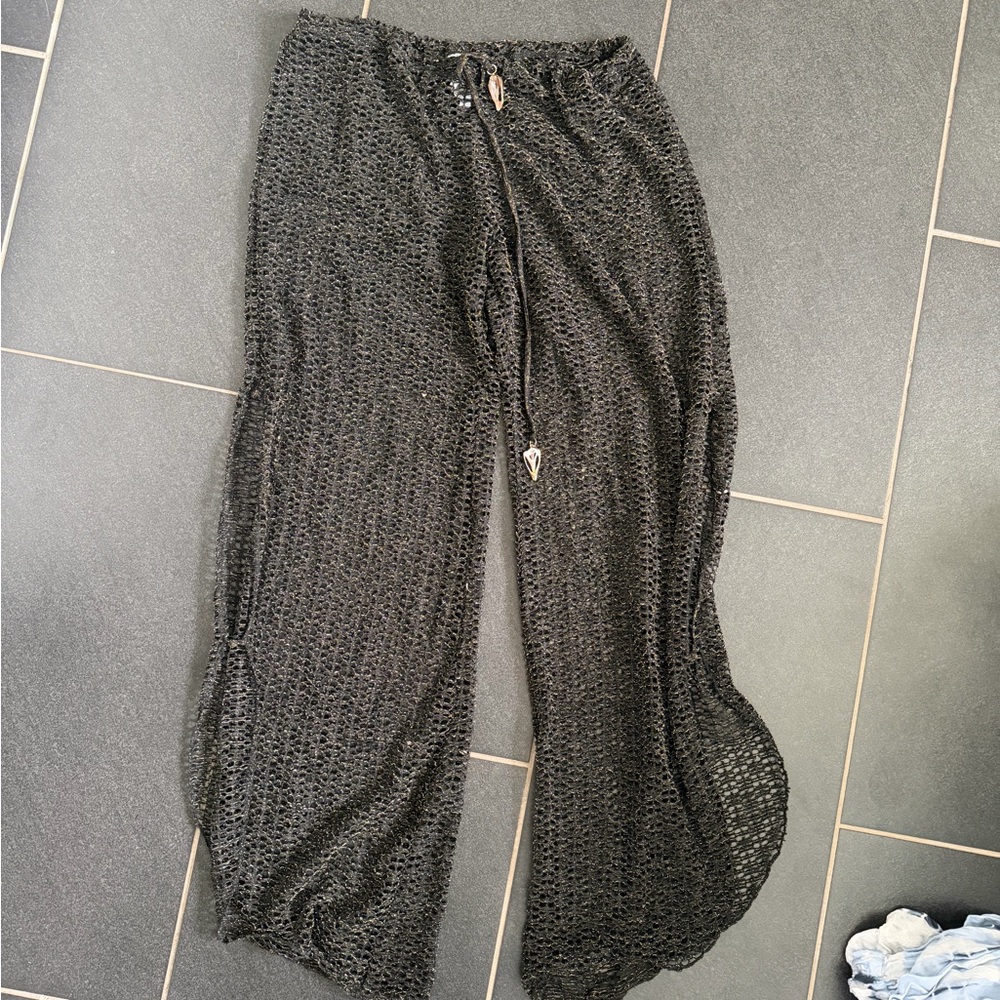 Isabella Rose Black Crochet Swim Coverup Pants with gold flecks size small